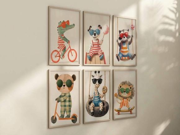 Kit 6 Quadros Decorativos Animais Divertidos A4
