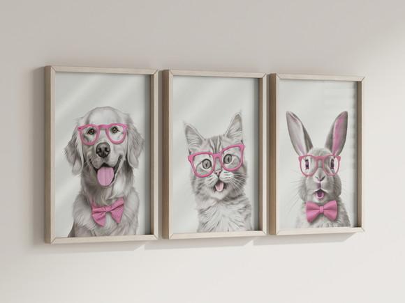 Kit 3 Quadros Decorativo Moldura Cachorro Gato Coelho Óculos