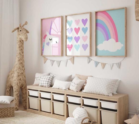 Kit 3 Quadros Decorativo Unicórnio Corações e Arco-íris A3