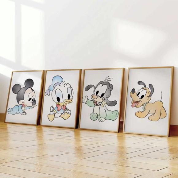 Kit 4 Quadros Decorativos Mickey Donald Pateta Baby Pluto A3