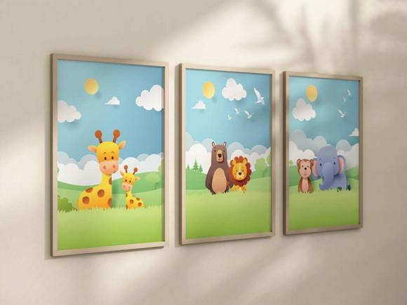 Kit 3 Quadros Decorativos Moldura Bebe Safari Paisagem A4