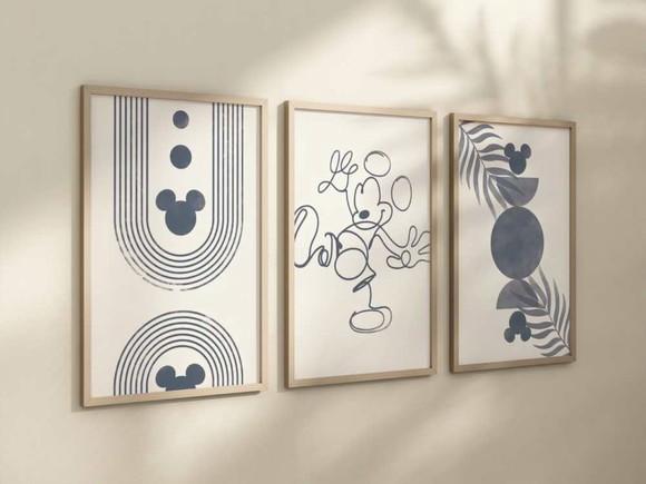 Kit 3 Quadros Decorativos Moldura Mickey Boho A4