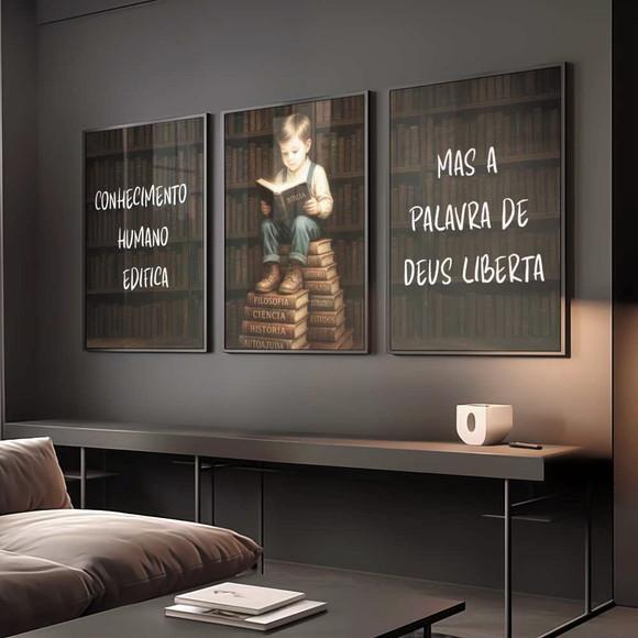 Kit 3 Quadros Decorativo Menino Lendo a Bíblia A2 40x60