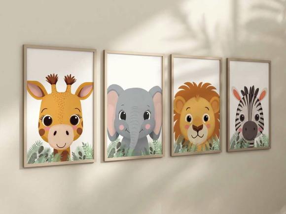 Kit 4 Quadros Decorativos Moldura Bebe Safari Berçário