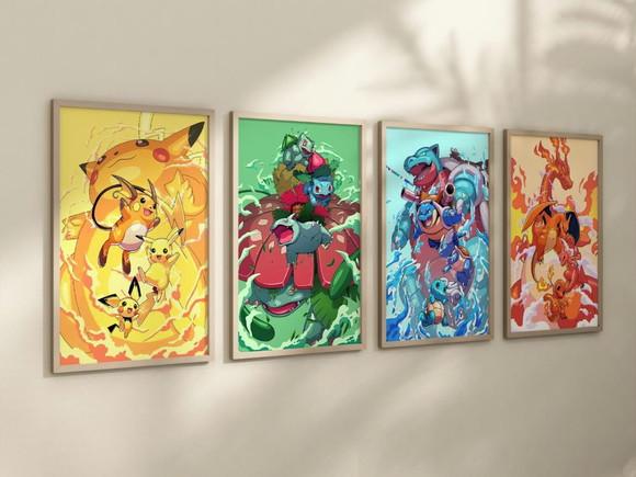 Kit 4 Quadros Decorativos Moldura Pokémon Evolução A4