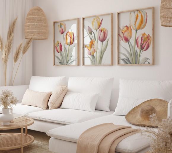Kit 3 Quadros Moldura Flores Tulipas Sala Quarto A3