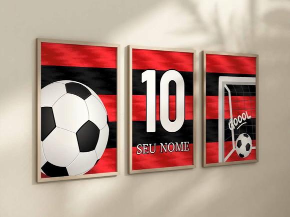 Kit 3 Quadros Decorativos Futebol Nome Vermelho Preto A4