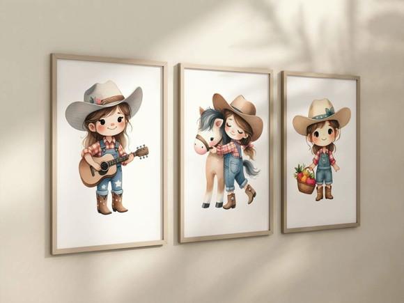Kit 3 Quadro Decorativo Moldura Menina Fazendinha Cowgirl A4