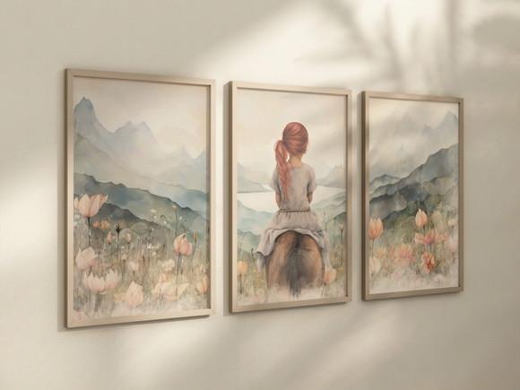 Kit 3 Quadros Decorativo Menina Aventureira Cavalo Arte c