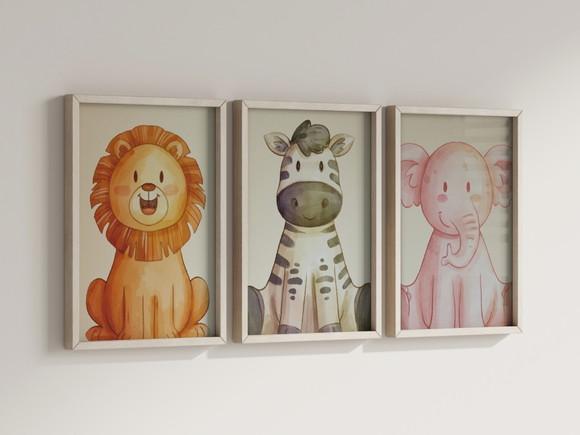 Kit 3 Quadros Decorativos Moldura Leão Zebra Porquinho