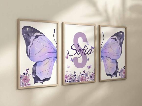 Kit 3 Quadros Moldura Borboleta Berçário Flores Roxo 24x34