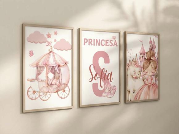 Kit 3 Quadros Moldura Princesa Berçário Rosa A4 24x34