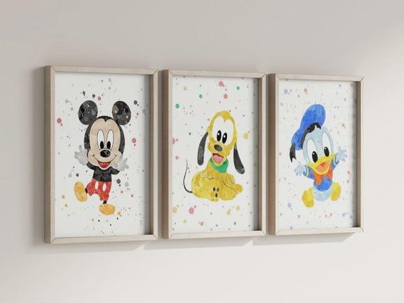 Kit 3 Quadros Decorativos Moldura Mickey Pluto Donald Baby
