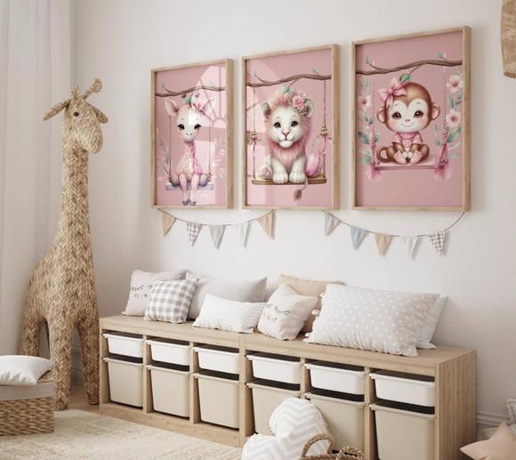 Kit 3 Quadros Decorativos Moldura Safari Animais Menina A3 B