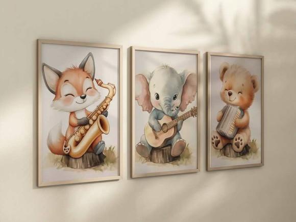 Kit 3 Quadros Decorativos Moldura Animais Musicais A4