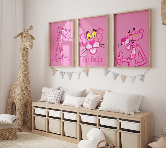 Kit 3 Quadros c/ Moldura Pantera Cor de Rosa Grande