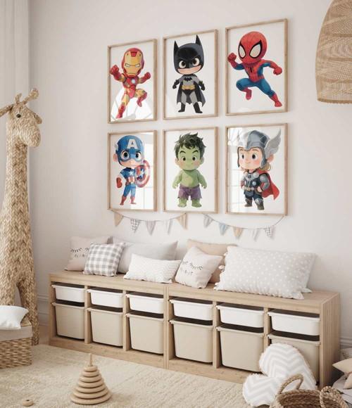 Kit 6 Quadros Decorativos Moldura Super-heróis Baby A3