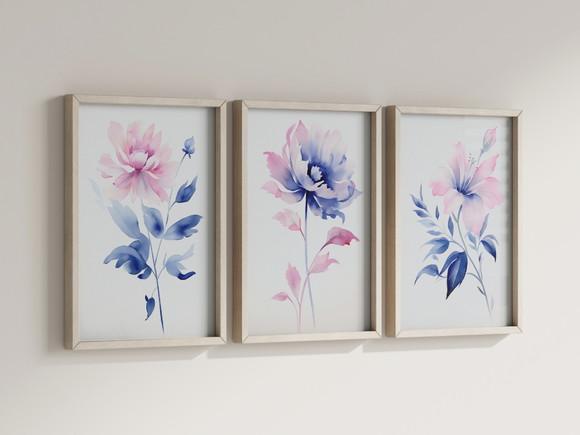 Kit 3 Quadros Decorativo Moldura Flores Aquarela Decorar