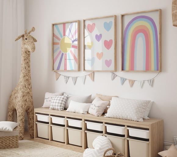 Kit 3 Quadros Decorativo Boho Coração Sol Arco-iris A3