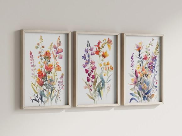 Kit 3 Quadros Decorativo Moldura Flores Aquarela Decorar B