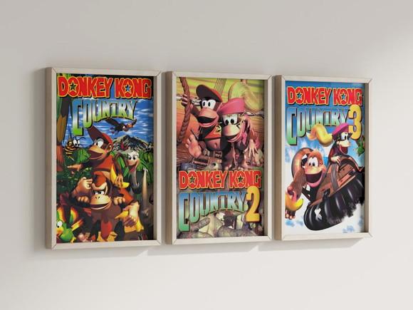 Kit 3 Quadros Decorativos Moldura Donkey Kong Trilogia
