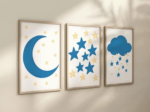 Kit 3 Quadros Boho Lua Estrela e Nuvem Infantil Decorar A4