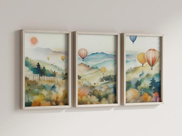 Kit 3 Quadros Decorativo Moldura Boho Balão Berçário Bebê