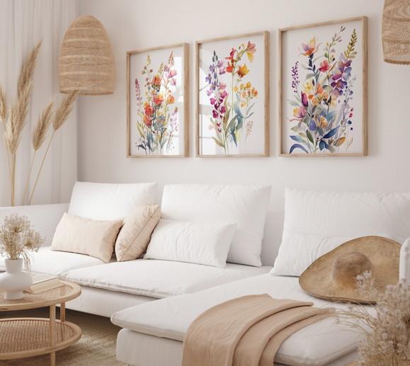 Kit 3 Quadros Decorativo Moldura Flores em Aquarela A3 B