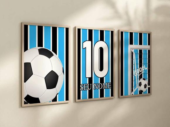 Kit 3 Quadros Decorativos Futebol Nome Azul Preto A4 24x34