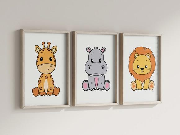 Kit 3 Quadros Decorativos Moldura Safari Infantil B