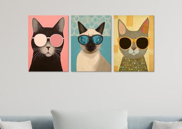 Kit 3 Placas Decorativas Quadro Gato Arte Óculos