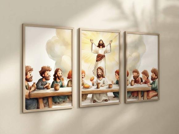 Kit 3 Quadros Decorativo Jesus Mini Ceia Berçário A4 24x34
