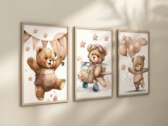 Kit 3 Quadros Decorativos Moldura Ursinho Pelúcia Arte