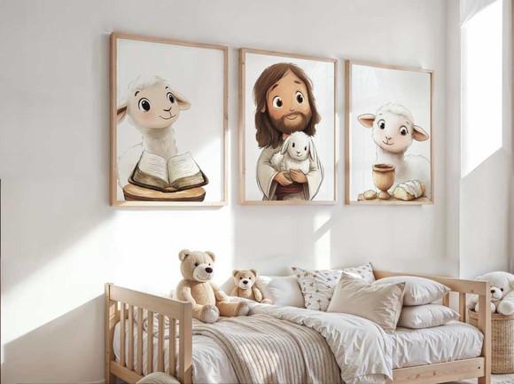 Kit 3 Quadros Decorativo Jesus Mini Berçário A2 40x60