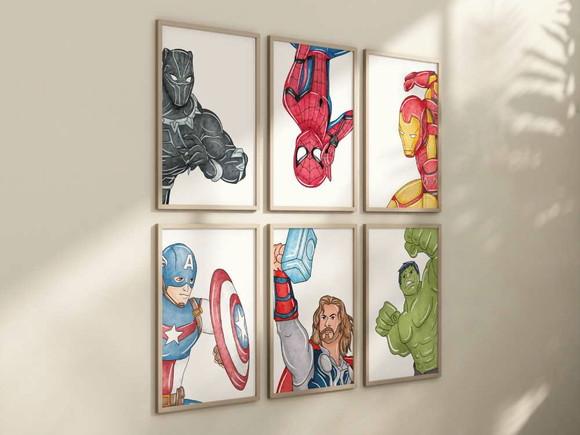 Kit 6 Quadros Decorativos Moldura Super-heróis Desenho A4