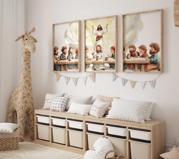 Kit 3 Quadros Decorativo Jesus Mini Ceia Berçário A3 34x44