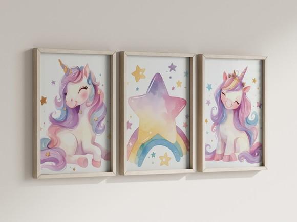 Kit 3 Quadros Decorativos Moldura Unicórnio Infantil Decorar