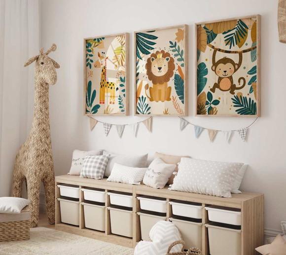 Kit 3 Quadros Decorativos Moldura Bebe Safari Animal Feliz e