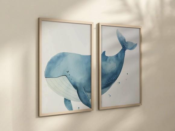 Kit 2 Quadros Decorativo Moldura Baleia Quarto Infantil Bebê