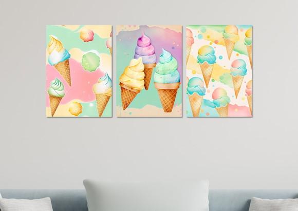 Kit 3 Placas Quadros Decorativos Sorvete Casquinha Arte B