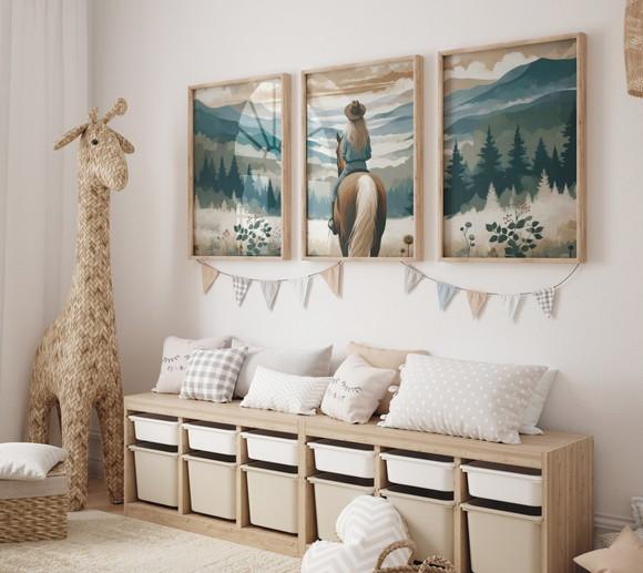 Kit 3 Quadros Decorativo Menina Aventureira Cavalo Arte A3