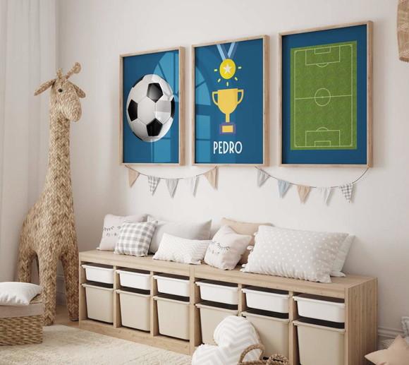 Kit 3 Quadros Decorativos Futebol Berçário Bola Troféu