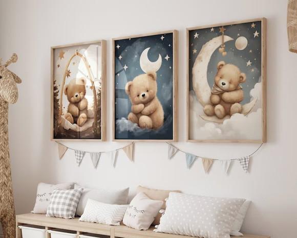 Kit 3 Quadros Decorativo Moldura Ursinhos Fofo Dormindo A3