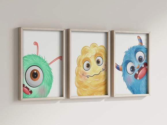Kit 3 Quadros Decorativo Moldura Monstrinhos Fofinhos A4