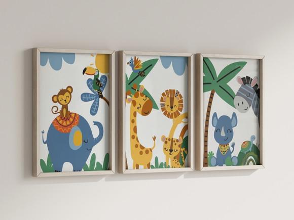 Kit 3 Quadros Decorativos Moldura Bebe Safari Animal Feliz F
