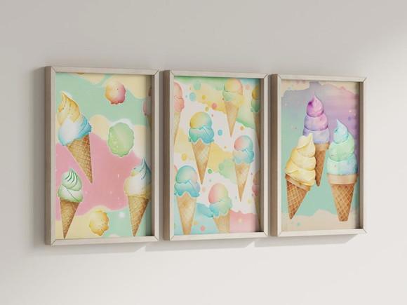 Kit 3 Quadros Decorativos Moldura Sorvete Casquinha D