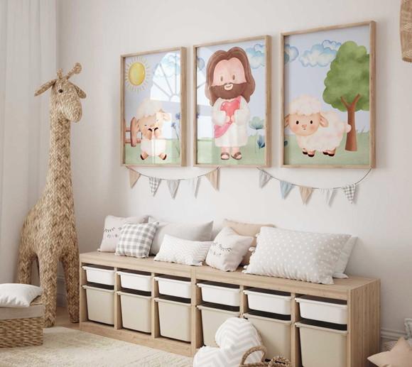 Kit 3 Quadros Decorativo Jesus Mini Berçário A3 34x44