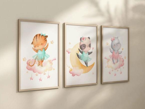 Kit 3 Quadros Decorativos Moldura Safari Menina Bailarina B