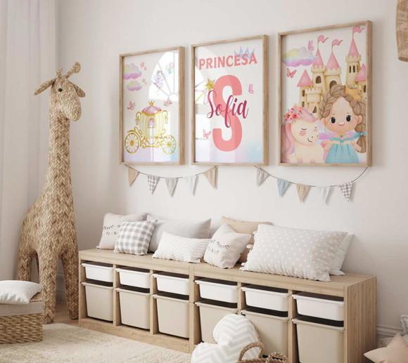 Kit 3 Quadros Moldura Princesa Berçário A3 34x44