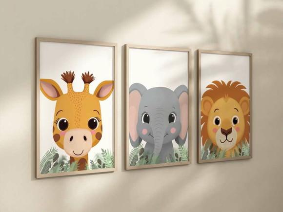 Kit 3 Quadros Decorativos Moldura Bebe Safari Berçário Feliz